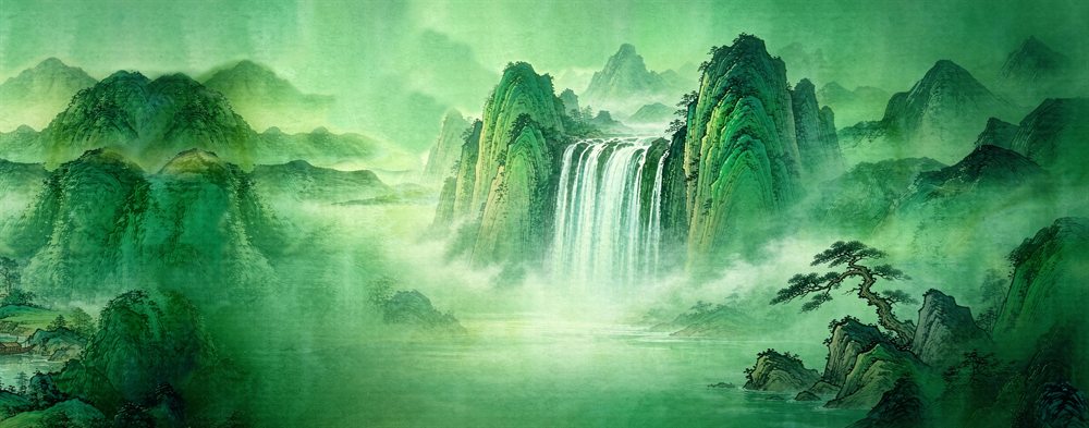 青绿峰峦、林木与飞瀑相映的山水参考画